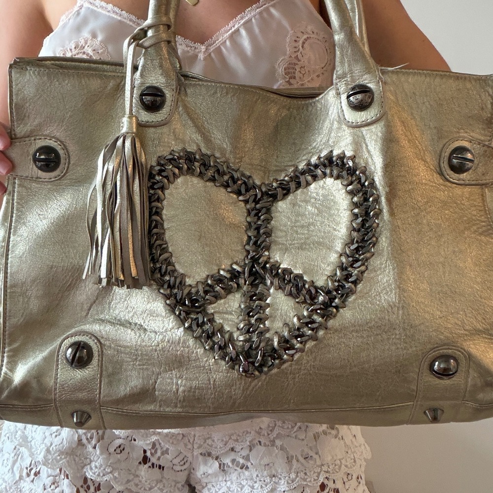 Betsey Johnson Peace Sign Gold Metallic Leather Tote - Picture 3 of 6